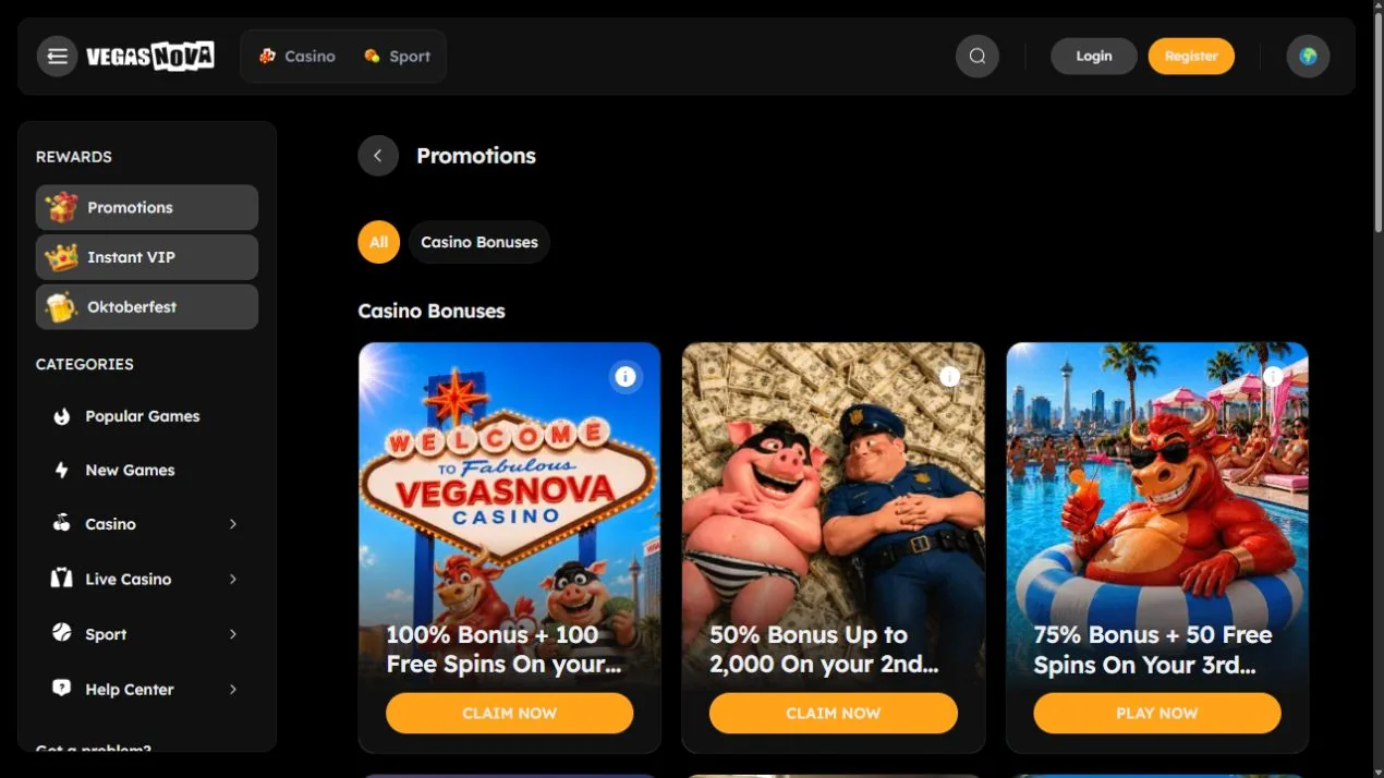 Promozioni sui primi depositi mostrate nell’interfaccia VegasNova