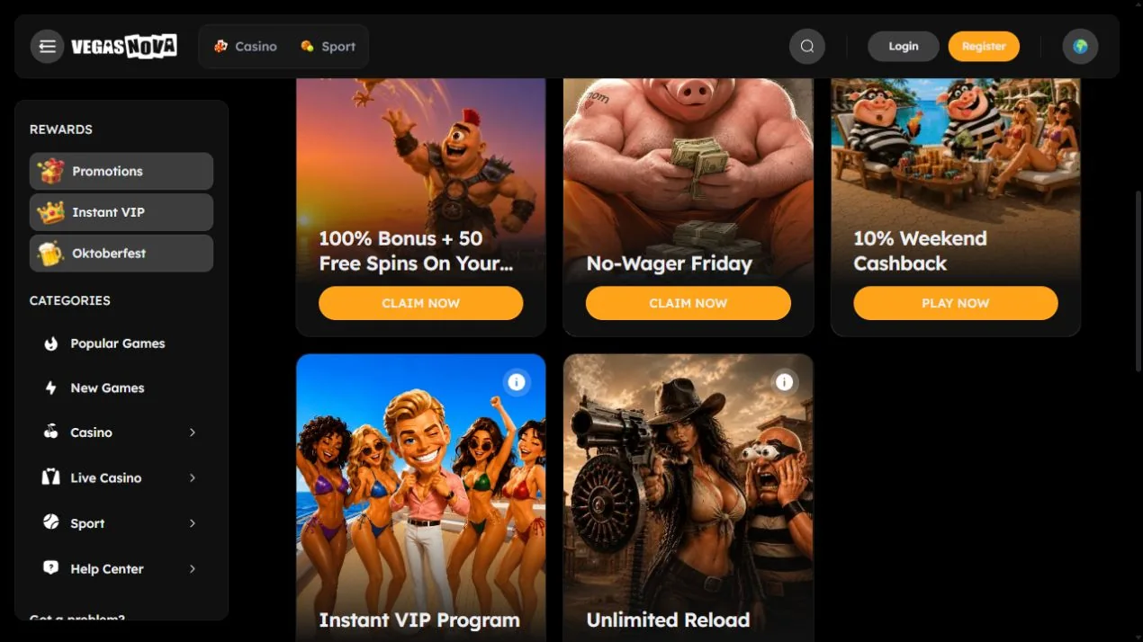 Cashback, programma VIP e promozioni reload pubblicate da VegasNova