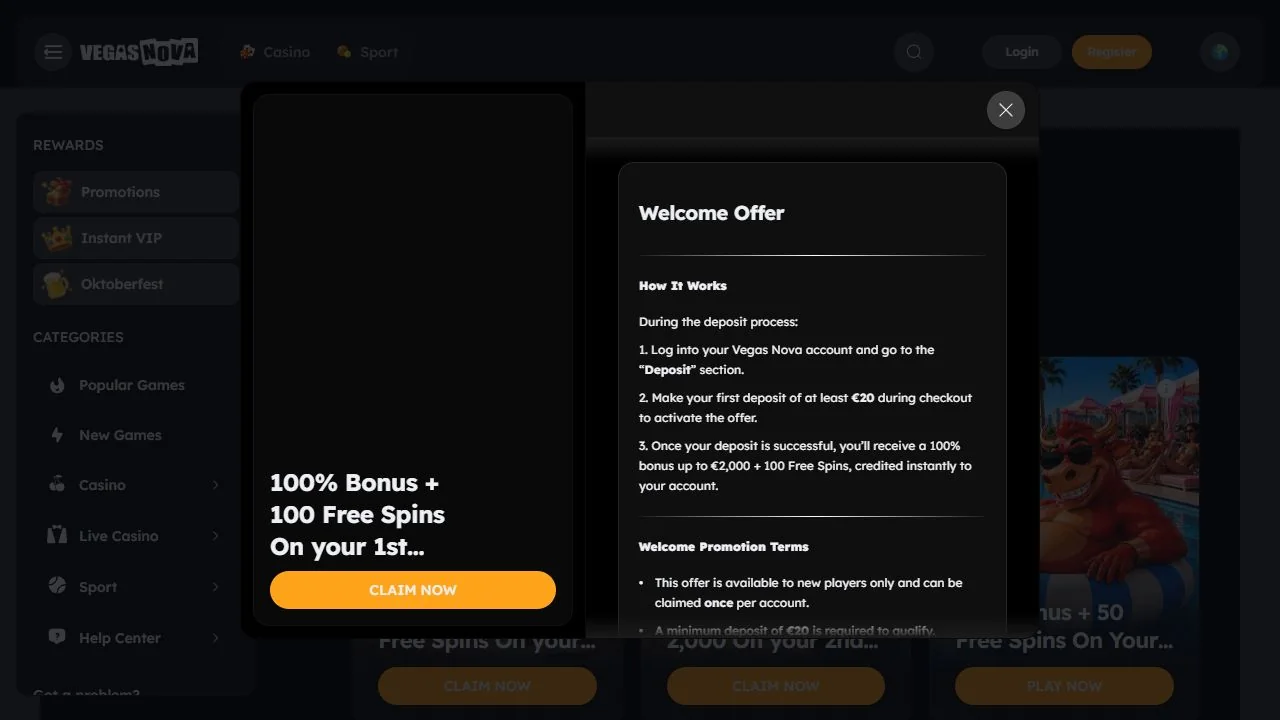 Condizioni del bonus VegasNova con 100 percento, giri gratis e wagering x35