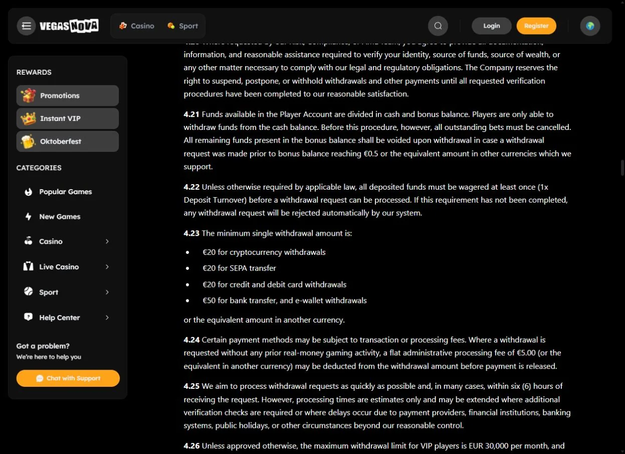 Condizioni VegasNova su limiti di prelievo, pending e verifica KYC